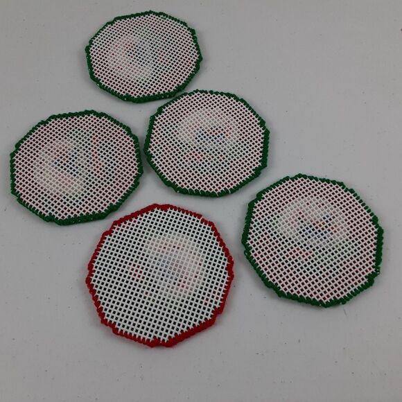 Vintage Handmade Needlepoint Canvas Christmas Coasters with Holder 9 Pc Snowmen - Picture 5 of 16